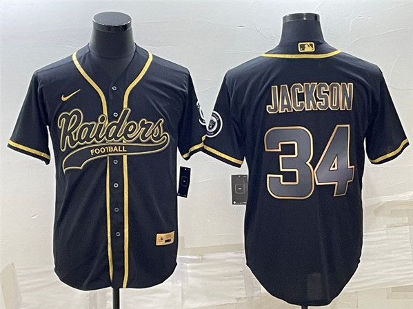 Men's Las Vegas Raiders #34 Bo Jackson Black Gold With Patch Cool Base Stitched Baseball Jersey - Click Image to Close